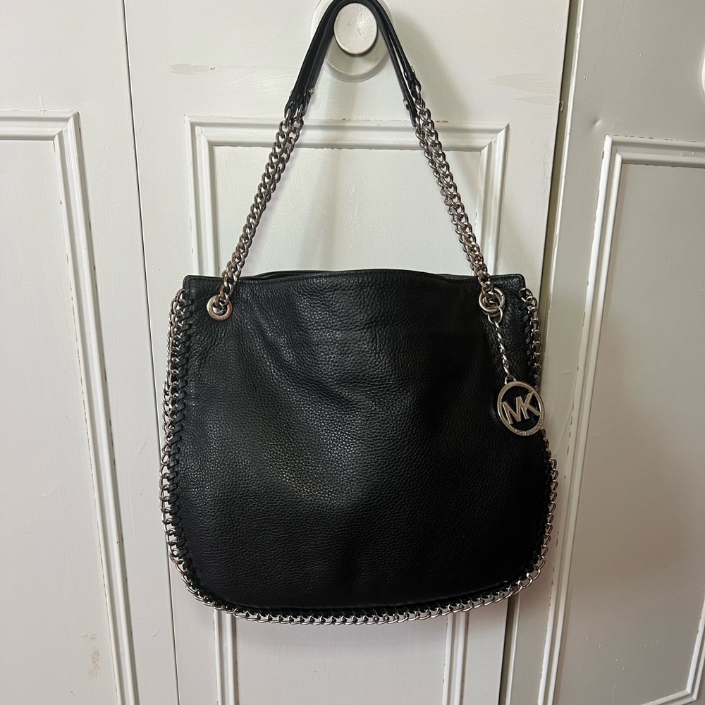 Michael Kors Black Leather Tote with Silver Chain
